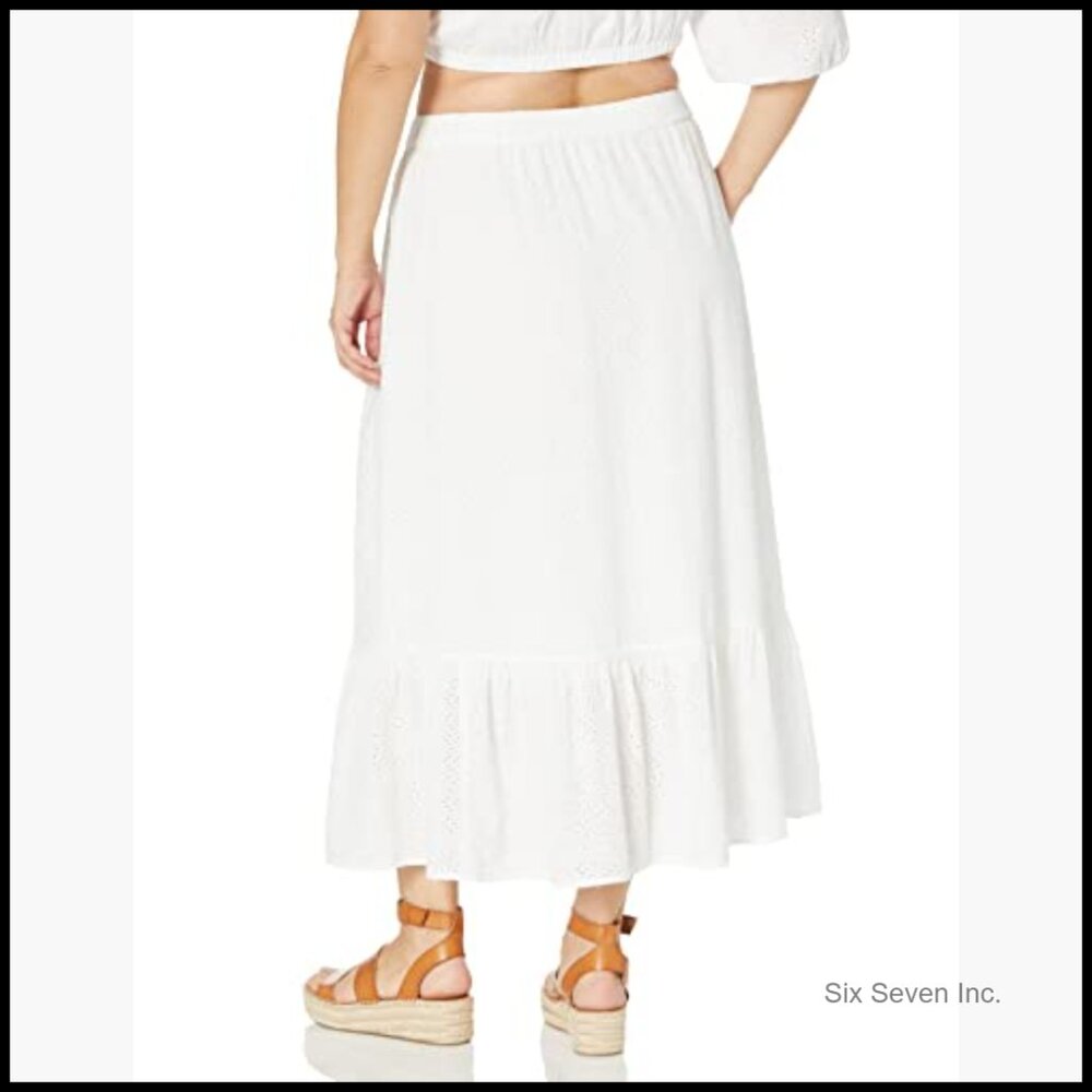 Cotton Eyelet Tiered Midi Skirt, Elastic Waist Pull-On Casual - Picture 6 of 7